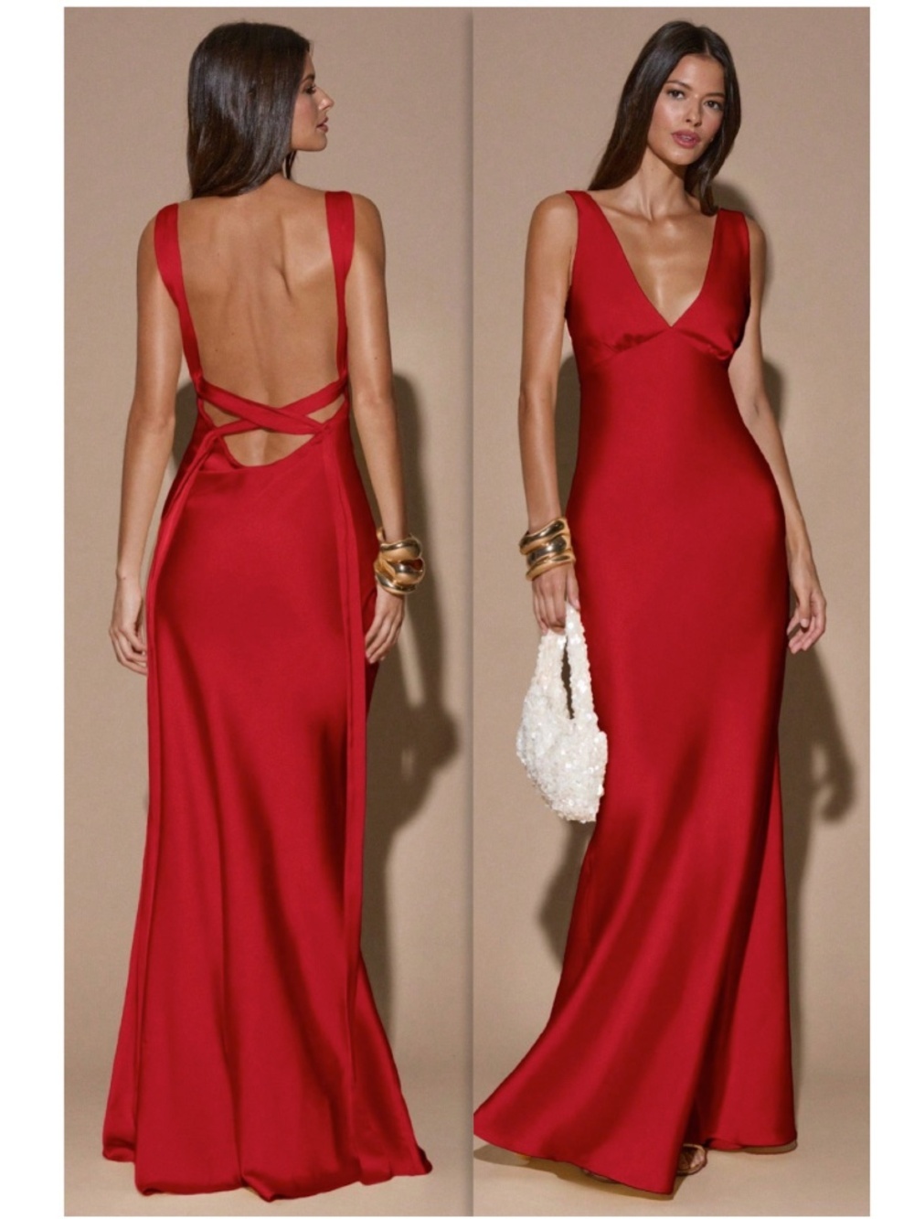 Red Satin Maxi Dress Criss Cross Back Ties